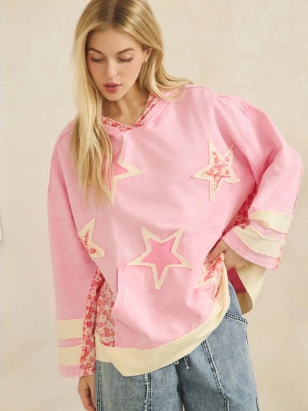 Sage + Fig Pink Star patchwork Appliqué Hoodie with Floral Accents
